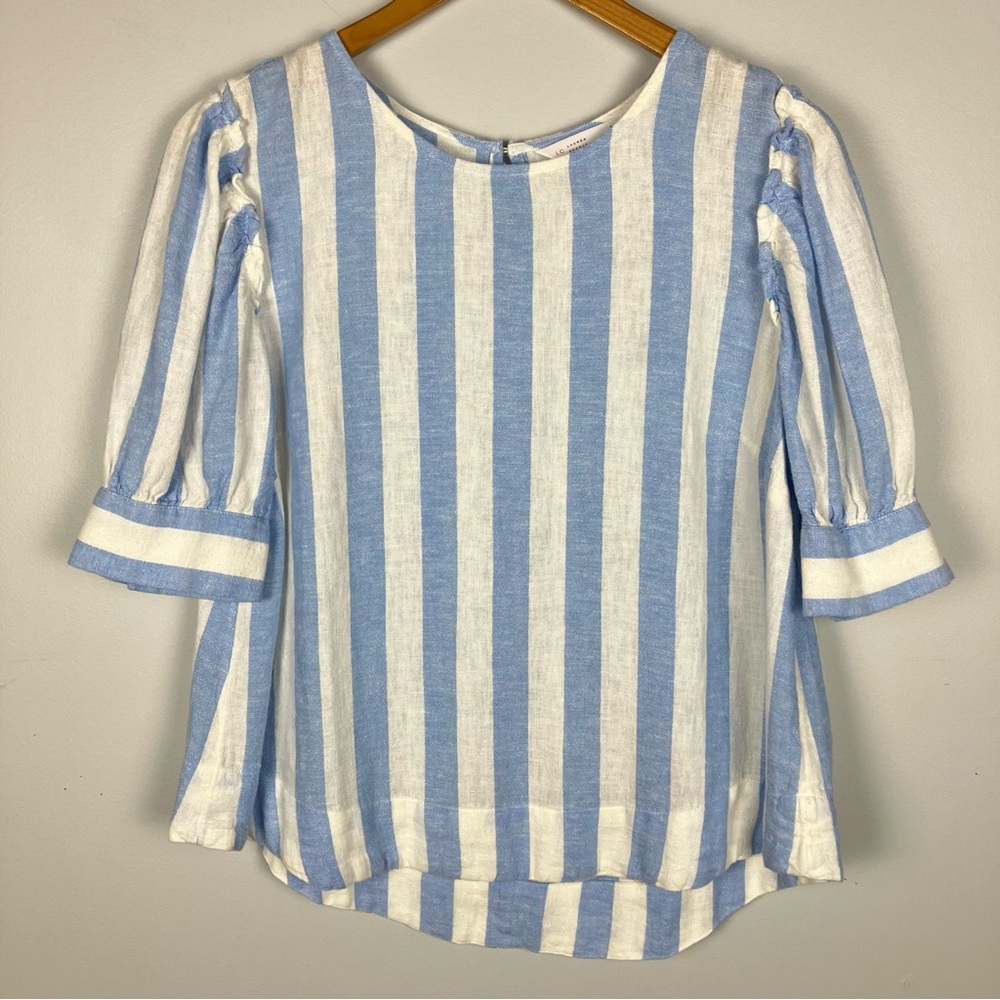 Lauren Conrad Linen Blend Top Blue White Stripe Blouse Small Coastal Cottagecore
